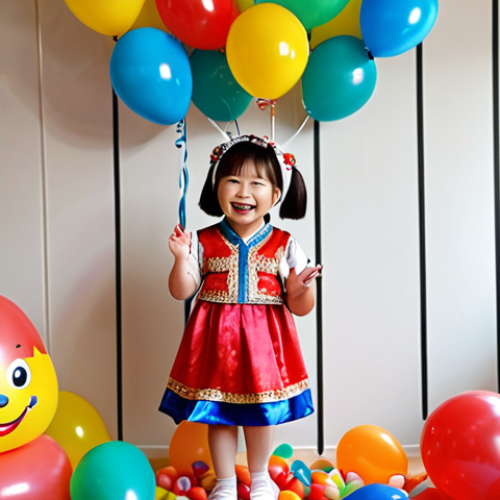 Home 11 A child in a Kongsuni costume, smiling brightly, surrounded by colorful balloons and decorations at a birthday party in a cozy apartment.