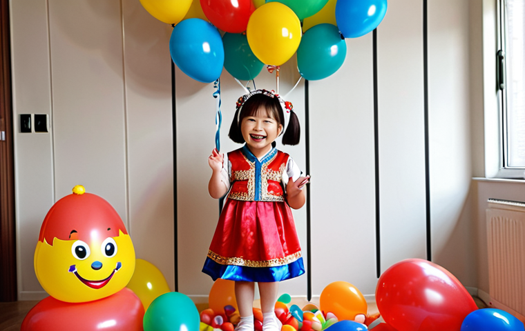 A child in a Kongsuni costume, smiling brightly, surrounded by colorful balloons and decorations at a birthday party in a cozy apartment.