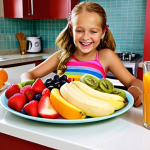 **A vibrant and colorful fruit salad "Rainbow" being prepared by a young girl with her mother in a bright, modern kitchen. The salad includes apples, bananas, strawberries, grapes, and kiwi, drizzled with orange juice. Focus on the joy of cooking together and the healthy, fresh ingredients.**
