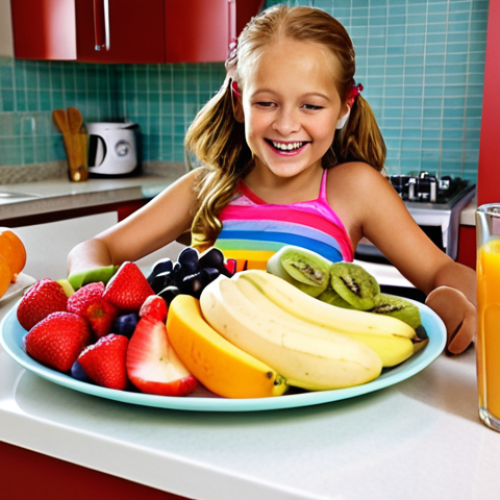 Home 6 **A vibrant and colorful fruit salad "Rainbow" being prepared by a young girl with her mother in a bright, modern kitchen. The salad includes apples, bananas, strawberries, grapes, and kiwi, drizzled with orange juice. Focus on the joy of cooking together and the healthy, fresh ingredients.**