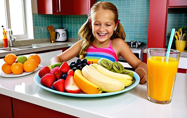 **A vibrant and colorful fruit salad "Rainbow" being prepared by a young girl with her mother in a bright, modern kitchen. The salad includes apples, bananas, strawberries, grapes, and kiwi, drizzled with orange juice. Focus on the joy of cooking together and the healthy, fresh ingredients.**