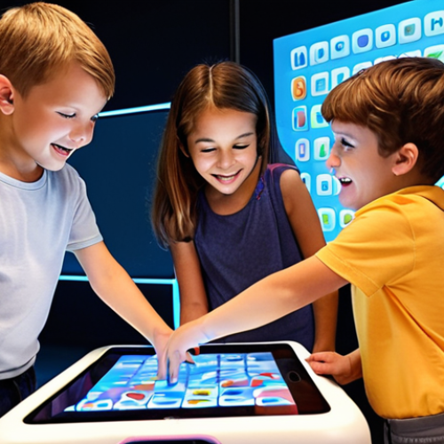 Home 7 **AI-Enhanced Learning and Play:**
"A vibrant, high-definition scene of three happy children, aged 6-9, individually engaged with futuristic, glowing touchscreens and lightweight tablets. One child is interacting with an adaptive educational game where colorful animated characters guide them through a puzzle, subtly teaching math. Another is pointing at a digital storybook that branches based on their choices, displaying interactive elements like floating letters or numbers. The third child is playfully interacting with a screen that shows personalized animal facts, their expression one of pure curiosity and joy. The setting is bright and inviting, subtly hinting at AI algorithms optimizing their learning paths through soft, dynamic light trails emanating from the devices. The overall atmosphere is modern, secure, and filled with the wonder of discovery. Focus on diverse children, engaging UI, and a sense of seamless technological integration for beneficial learning."