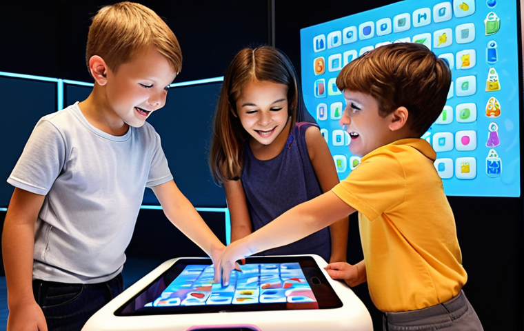 **AI-Enhanced Learning and Play:**
"A vibrant, high-definition scene of three happy children, aged 6-9, individually engaged with futuristic, glowing touchscreens and lightweight tablets. One child is interacting with an adaptive educational game where colorful animated characters guide them through a puzzle, subtly teaching math. Another is pointing at a digital storybook that branches based on their choices, displaying interactive elements like floating letters or numbers. The third child is playfully interacting with a screen that shows personalized animal facts, their expression one of pure curiosity and joy. The setting is bright and inviting, subtly hinting at AI algorithms optimizing their learning paths through soft, dynamic light trails emanating from the devices. The overall atmosphere is modern, secure, and filled with the wonder of discovery. Focus on diverse children, engaging UI, and a sense of seamless technological integration for beneficial learning."