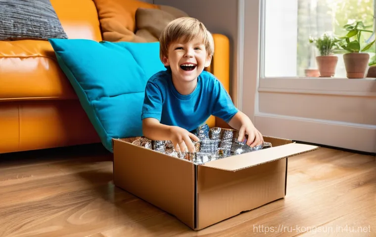 콩순이와 아동 창의력 - **Prompt 1: Cardboard Spaceship Adventure**
"A wide-angle shot of a joyful 6-year-old boy, weari...