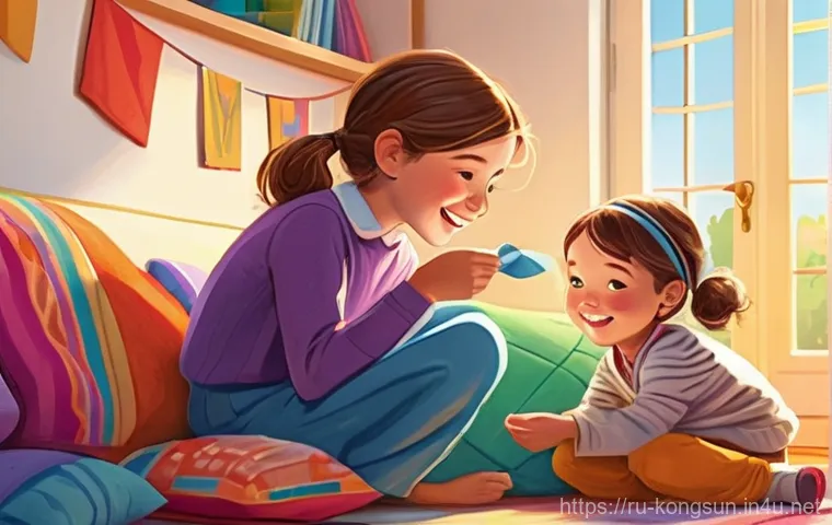 콩순이 콘텐츠 분석 - A whimsical and brightly colored illustration of Consuni and her younger sister Dooey, both dressed ...