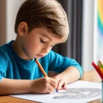 콩순이 팬 아트 대회 - **Prompt: A young boy, around 6 years old, is deeply engrossed in drawing at a wooden art desk. He h...