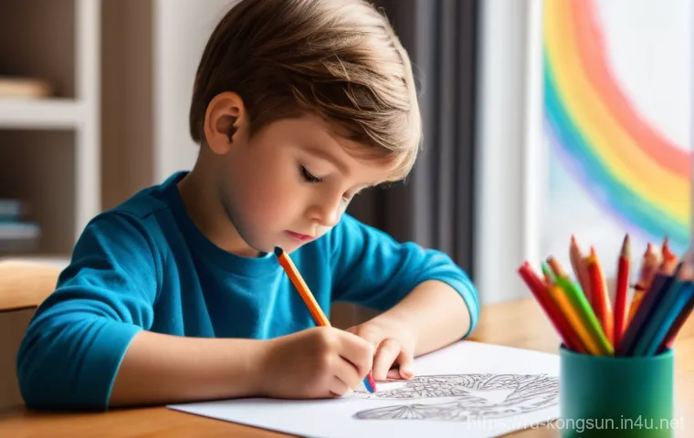 콩순이 팬 아트 대회 - **Prompt: A young boy, around 6 years old, is deeply engrossed in drawing at a wooden art desk. He h...