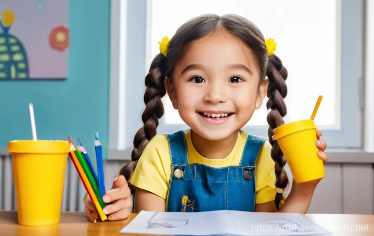 콩순이 팬 아트 대회 - **Prompt: A young boy, around 6 years old, is deeply engrossed in drawing at a wooden art desk. He h...