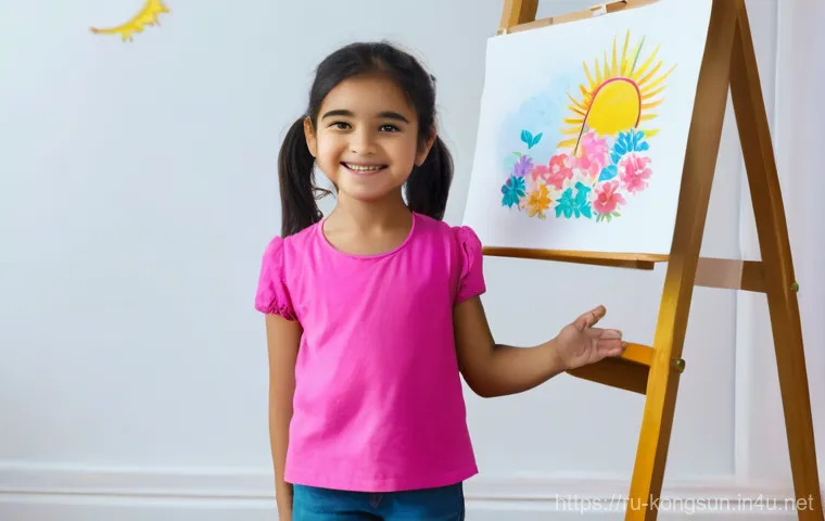 콩순이 팬 아트 대회 - **Prompt: A cheerful girl, about 7 years old, with two braided pigtails and a bright yellow sundress...