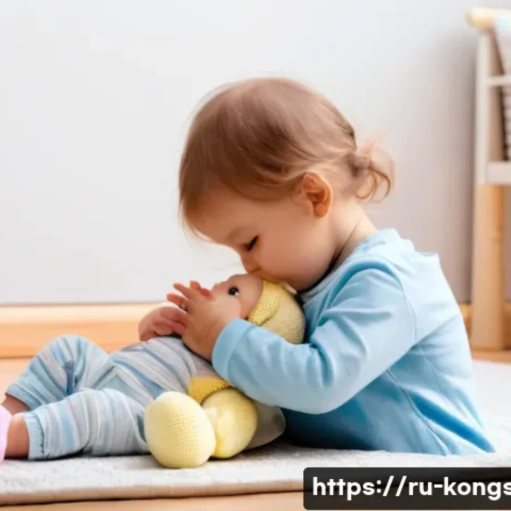 콩순이와 부모 역할 놀이 - A heartwarming scene of a young child, approximately 5 years old, gently comforting a baby doll. The...