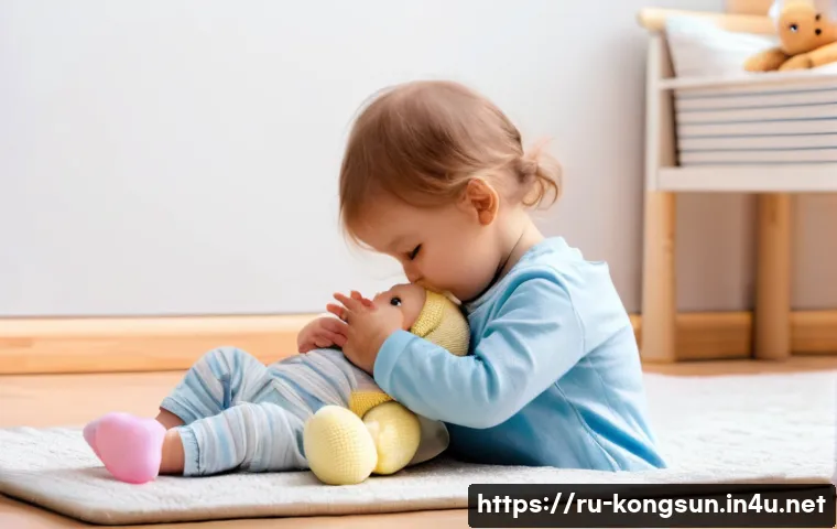 콩순이와 부모 역할 놀이 - A heartwarming scene of a young child, approximately 5 years old, gently comforting a baby doll. The...