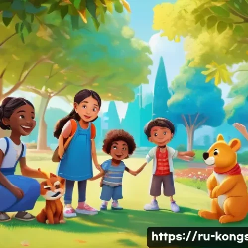 콩순이의 문화적 영향 - A colorful and heartwarming scene featuring the character Kopsuni, a friendly cartoon animal wearing...