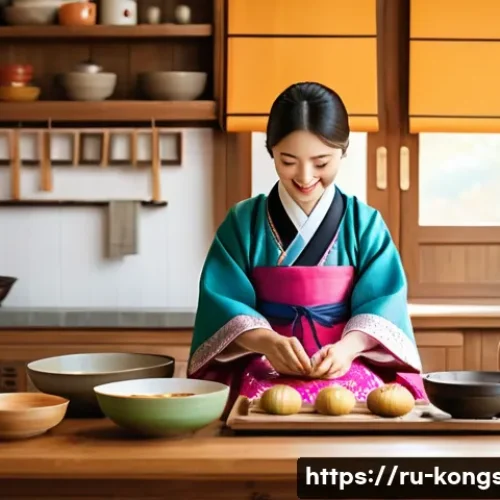 콩순이 캐릭터와 한국 문화 - A cheerful young Korean character wearing a colorful hanbok, carefully helping an elderly woman prep...