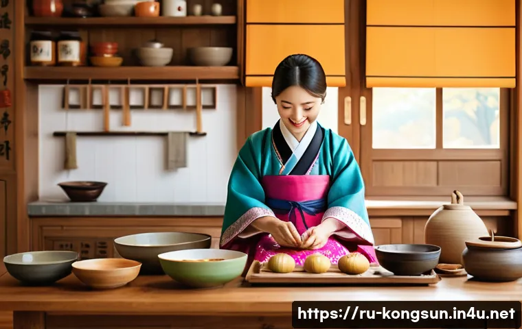 콩순이 캐릭터와 한국 문화 - A cheerful young Korean character wearing a colorful hanbok, carefully helping an elderly woman prep...
