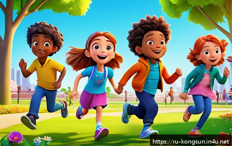 콩순이 애니메이션 시즌별 인기 - A vibrant scene from a children’s animated series featuring colorful characters in a lively urban pa...