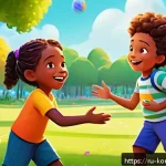 Home 19 콩순이와 교육적 감수성 - A vibrant animated scene featuring diverse children aged 4-6 playing together outdoors in a colorful...