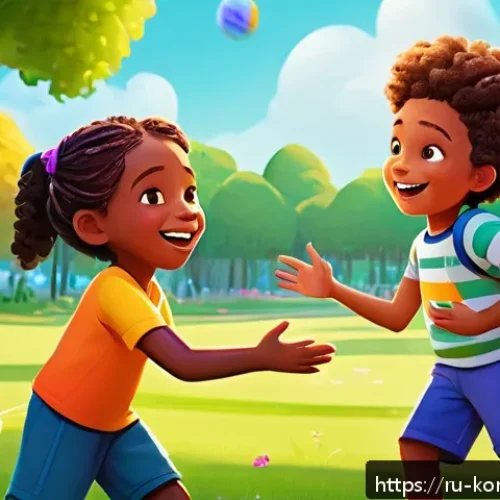 Home 31 콩순이와 교육적 감수성 - A vibrant animated scene featuring diverse children aged 4-6 playing together outdoors in a colorful...