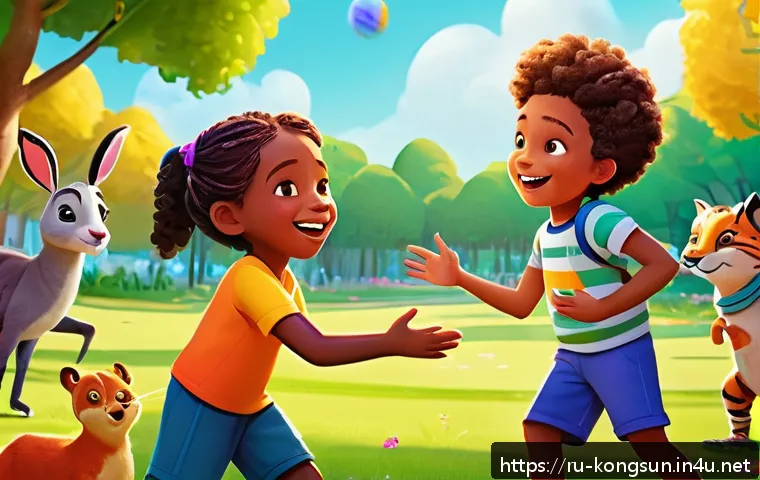 콩순이와 교육적 감수성 - A vibrant animated scene featuring diverse children aged 4-6 playing together outdoors in a colorful...