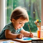 Home 18 콩순이 캐릭터 아카데미 - A cozy home art corner where a young child, wearing colorful casual clothes and a clean diaper, is h...