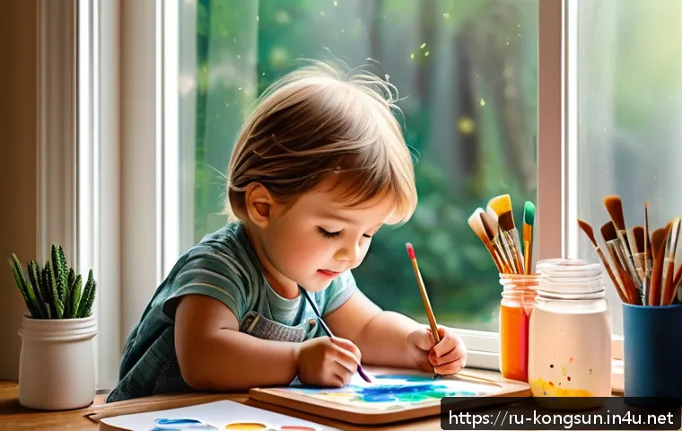 콩순이 캐릭터 아카데미 - A cozy home art corner where a young child, wearing colorful casual clothes and a clean diaper, is h...