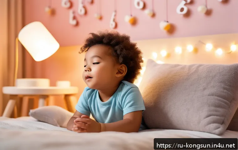 콩순이 배경 음악 - A cozy evening scene in a softly lit children's bedroom featuring a toddler wearing a diaper peacefu...