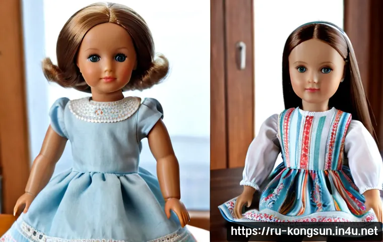 콩순이의 과거와 현재 - Photorealistic side-by-side comparison of a beloved Russian children’s fashion doll from the early 2...
