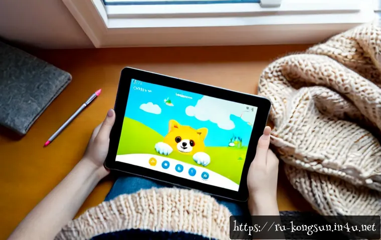 Home 17 콩순이 애니메이션 제작 도구 - Photorealistic overhead view of a tidy home workspace in Russia, a tablet displaying a simple text-f...